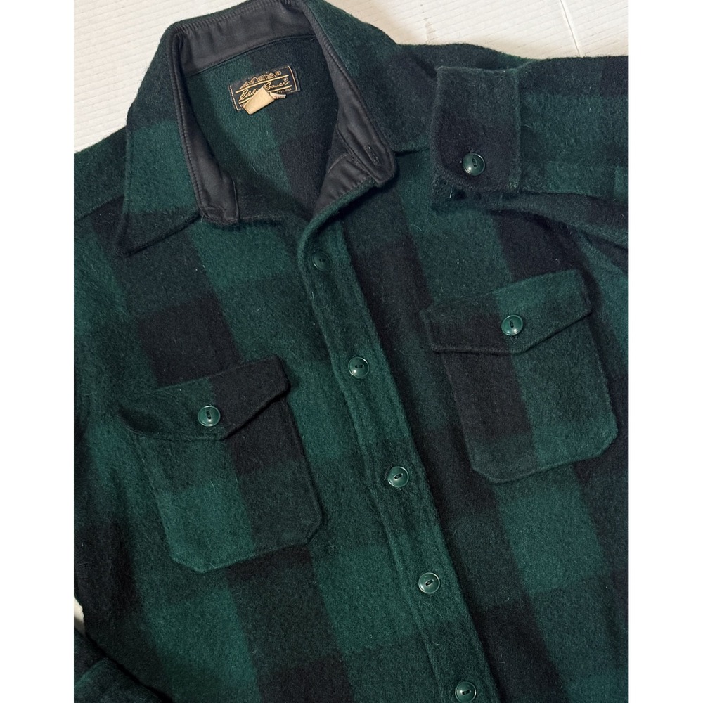 EDDIE BAUER - Men's VTG Shirt Jacket -Green Black Buffalo Plaid Wool Blend - XL